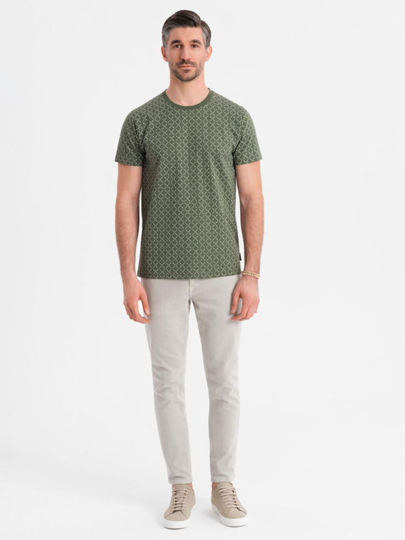 Ombre Clothing Herren-Strick-T-Shirt mit Allover-Druck - olivgrün