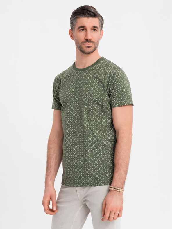 Ombre Clothing Herren-Strick-T-Shirt mit Allover-Druck - olivgrün