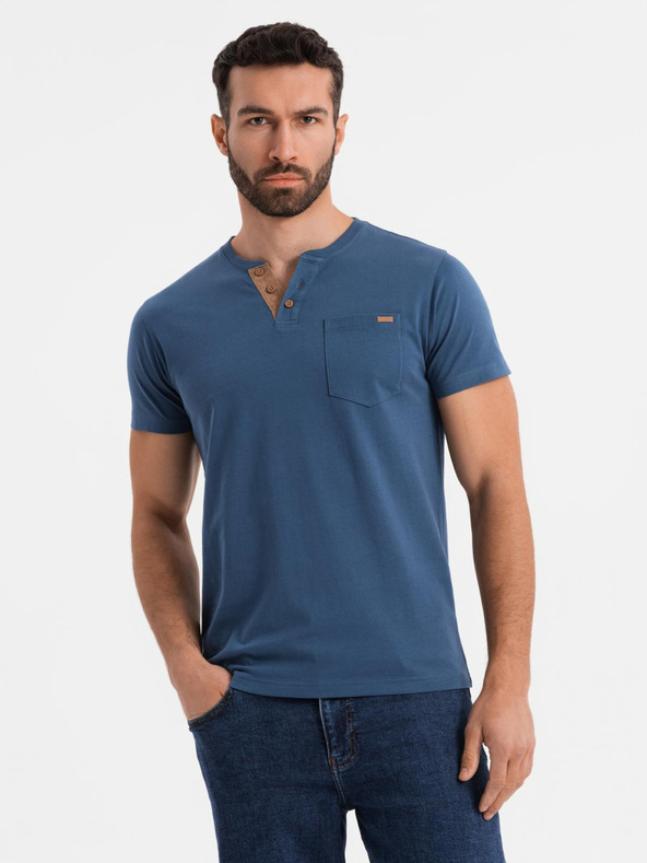 Ombre Clothing Herren-T-Shirt mit Knopfausschnitt und Wildlederkante - dunkelblau