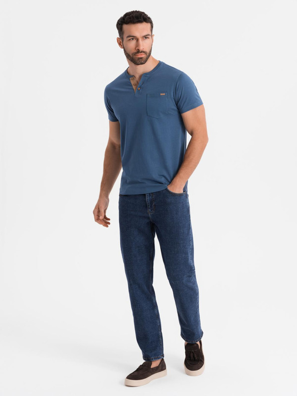 Ombre Clothing Herren-T-Shirt mit Knopfausschnitt und Wildlederkante - dunkelblau