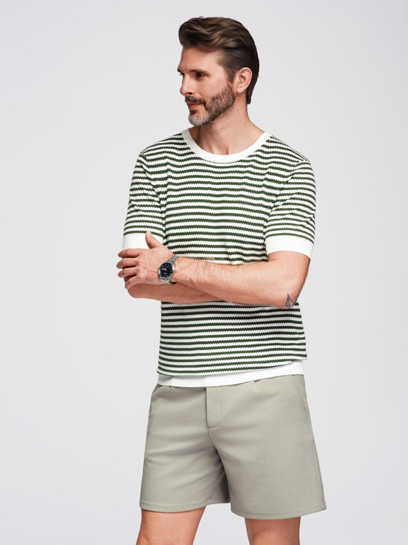 Ombre Clothing Herren Maritimes Strick-T-Shirt mit Lochmuster - olivgrün und weiß