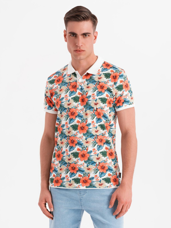 Ombre Clothing Baumwoll-Poloshirt mit Blumendruck - weiß