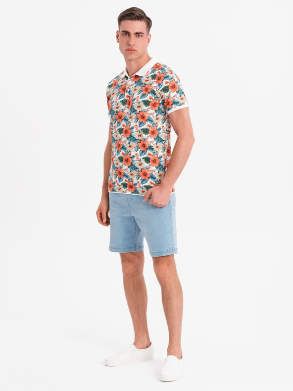 Ombre Clothing Baumwoll-Poloshirt mit Blumendruck - weiß