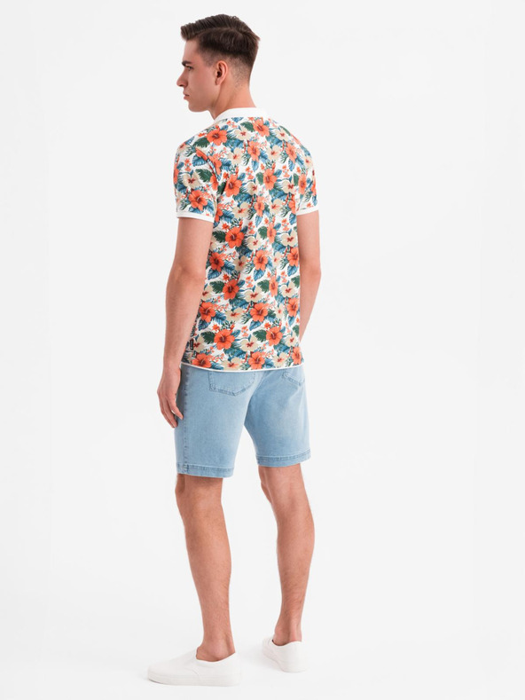 Ombre Clothing Baumwoll-Poloshirt mit Blumendruck - weiß
