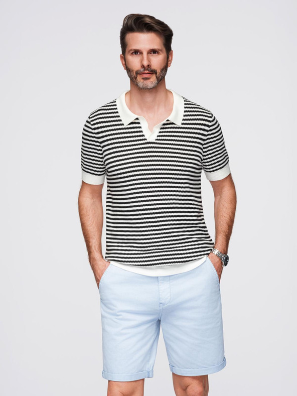 Ombre Clothing Herren Strick-Poloshirt ohne Knöpfe im Marinelook - schwarz-weiß