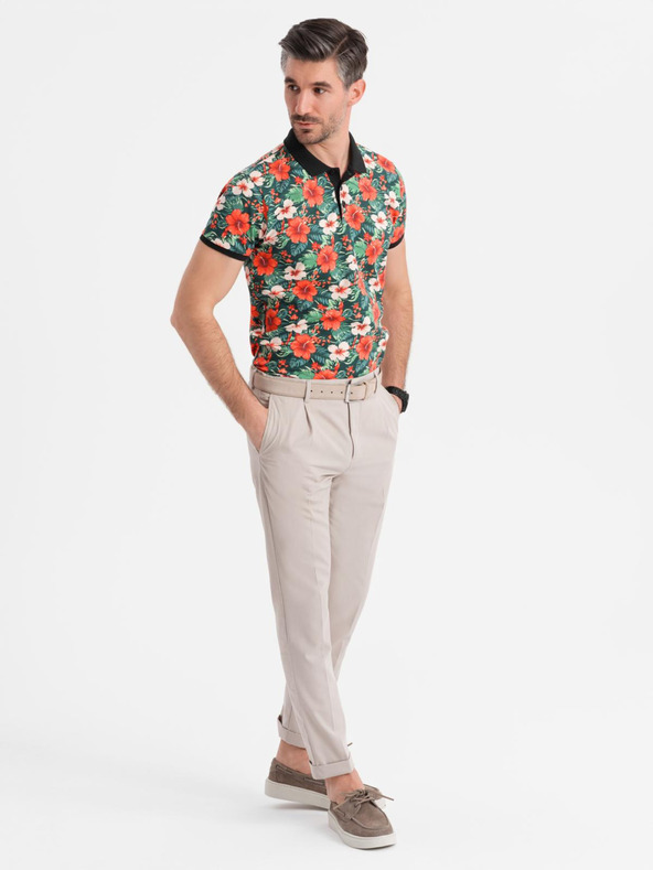 Ombre Clothing Baumwoll-Poloshirt mit Blumendruck - schwarz