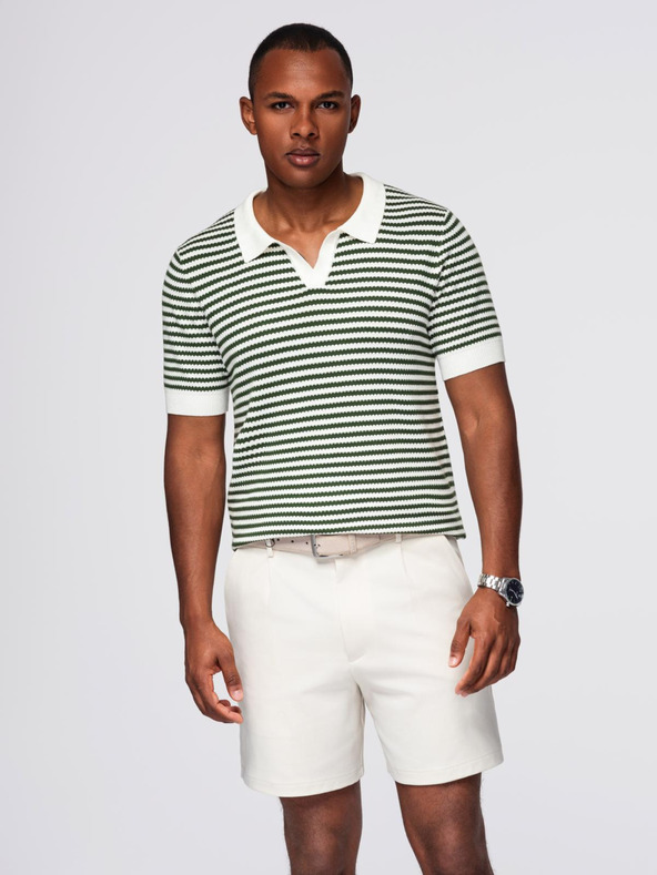 Ombre Clothing Herren Strick-Poloshirt ohne Knöpfe im Marinelook - weiß und olivgrün