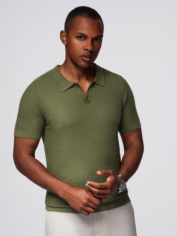 Ombre Clothing Herren Strick-Poloshirt ohne Knöpfe - olivgrün