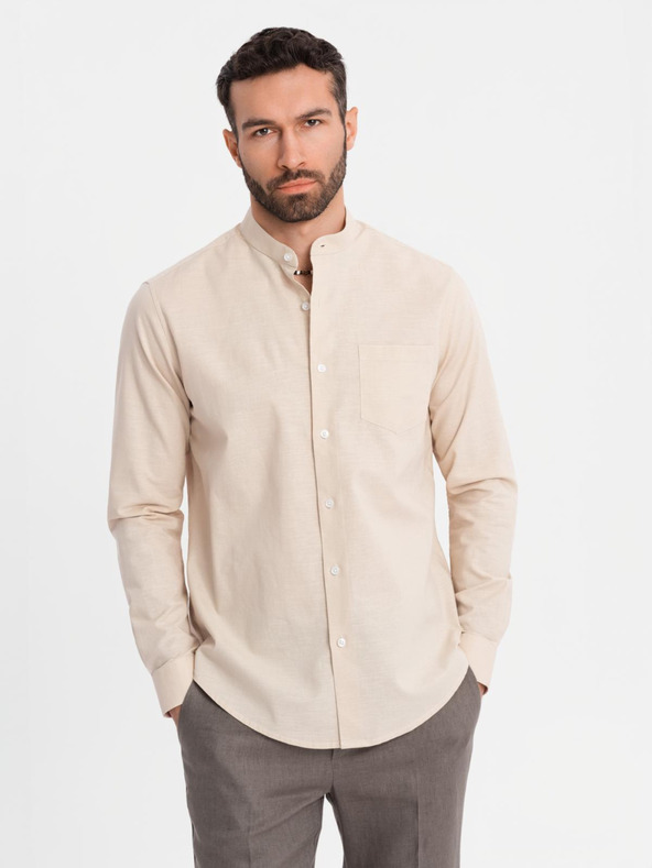 Ombre Clothing Herren-Leinwandhemd mit Stehkragen und Tasche REGULAR FIT - cremeweiß