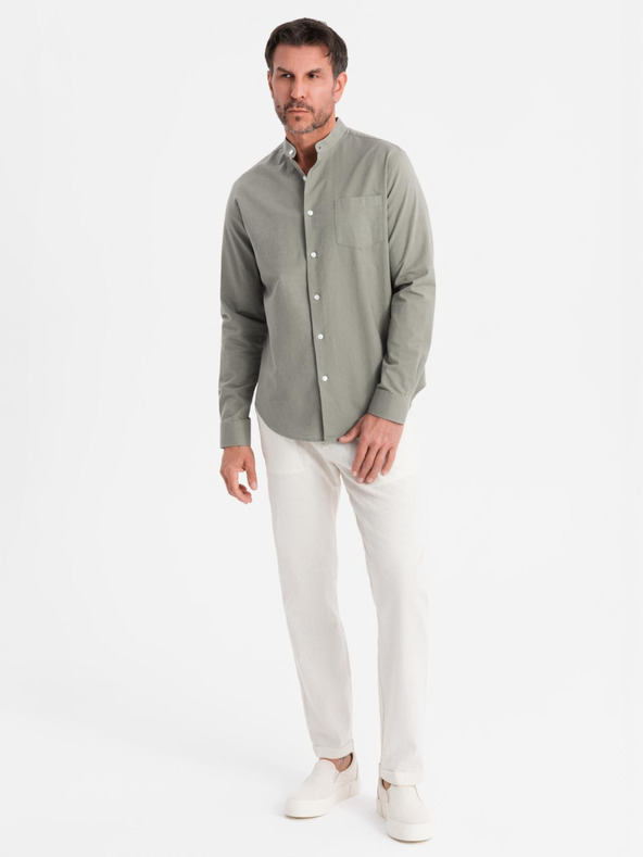 Ombre Clothing Herren-Leinwandhemd mit Stehkragen und Tasche REGULAR FIT - khaki