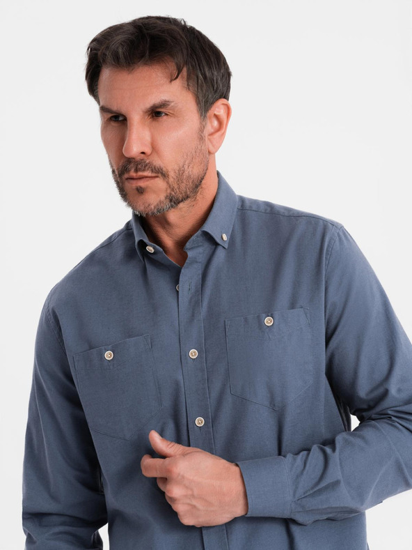 Ombre Clothing Herren-Leinwandhemd mit klassischem Kragen und Taschen REGULAR FIT - blau