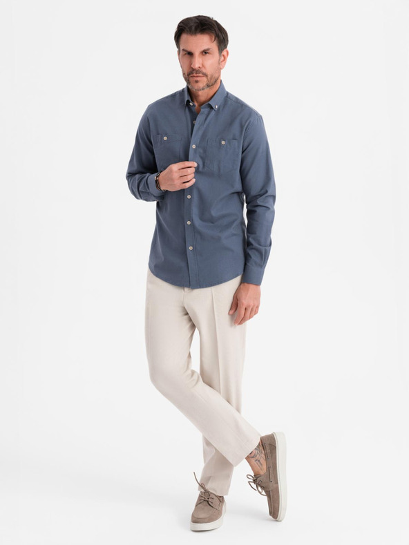 Ombre Clothing Herren-Leinwandhemd mit klassischem Kragen und Taschen REGULAR FIT - blau