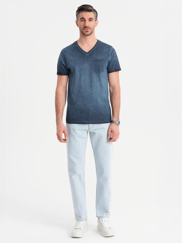 Ombre Clothing Herren Baumwoll-T-Shirt mit V-Ausschnitt und Used-Effekt - dunkelblau
