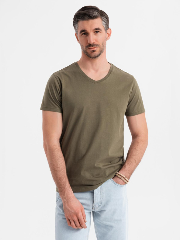 Ombre Clothing Herren klassisches Baumwoll-T-Shirt BASIC mit V-Ausschnitt - dunkel olivgrün