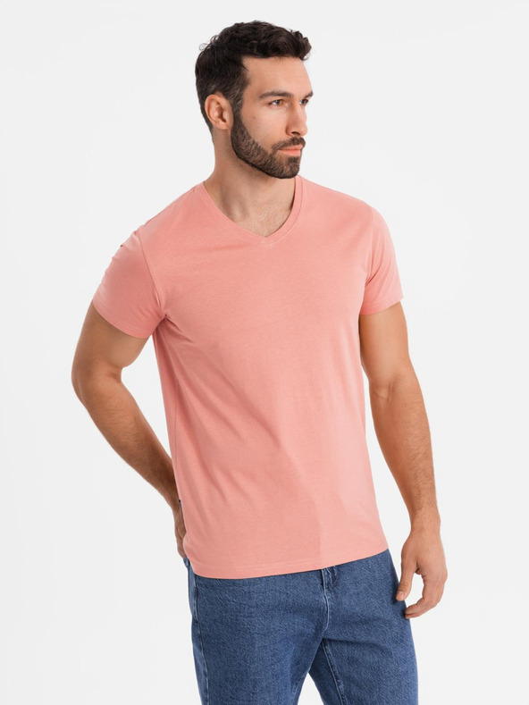 Ombre Clothing Herren klassisches Baumwoll-T-Shirt BASIC mit Ausschnitt - rosa