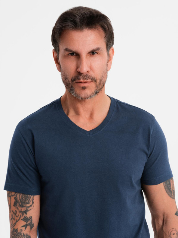 Ombre Clothing Herren klassisches Baumwoll-T-Shirt BASIC mit V-Ausschnitt - dunkelblau