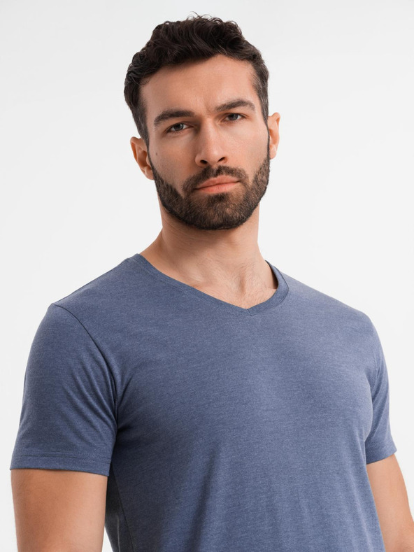 Ombre Clothing Herren klassisches Baumwoll-T-Shirt BASIC mit V-Ausschnitt - blau meliert