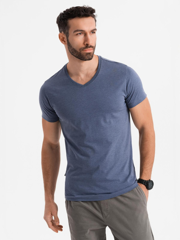 Ombre Clothing Herren klassisches Baumwoll-T-Shirt BASIC mit V-Ausschnitt - blau meliert