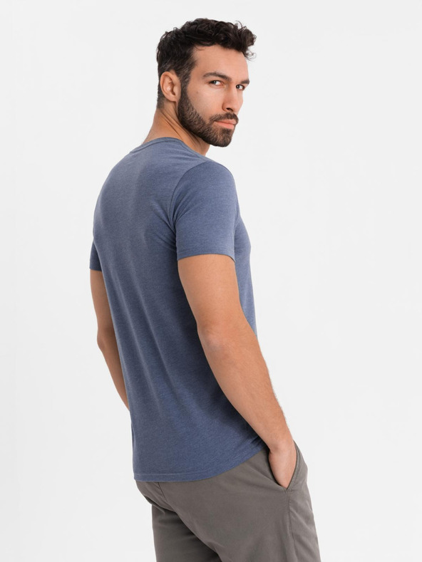 Ombre Clothing Herren klassisches Baumwoll-T-Shirt BASIC mit V-Ausschnitt - blau meliert