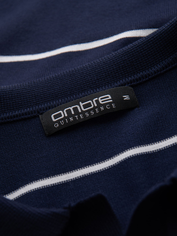Ombre Clothing Herren-Poloshirt mit langen Ärmeln und horizontalen Streifen aus Viskose - dunkelblau und weiß