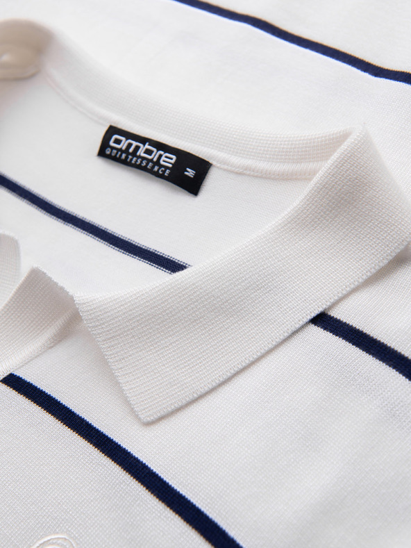 Ombre Clothing Herren-Poloshirt mit langen Ärmeln und horizontalen Streifen aus Viskose - weiß und dunkelblau