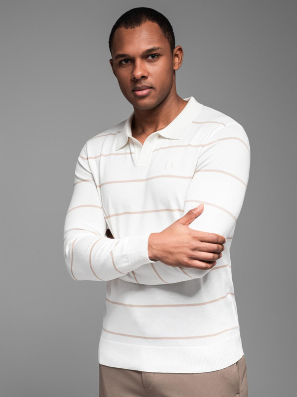 Ombre Clothing Herren-Poloshirt mit langen Ärmeln und horizontalen Streifen aus Viskose - weiß und beige