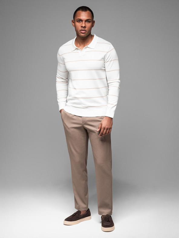 Ombre Clothing Herren-Poloshirt mit langen Ärmeln und horizontalen Streifen aus Viskose - weiß und beige