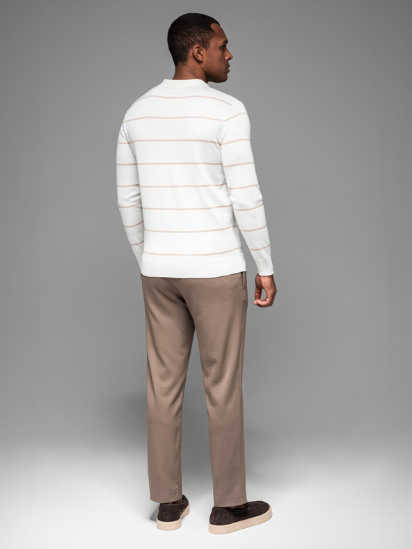 Ombre Clothing Herren-Poloshirt mit langen Ärmeln und horizontalen Streifen aus Viskose - weiß und beige
