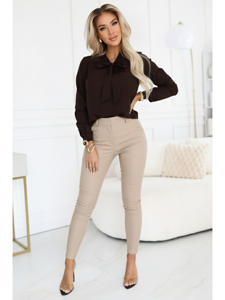 numoco Businessbluse mit langen Ärmeln und Bindung vorne - Schokoladenbraun