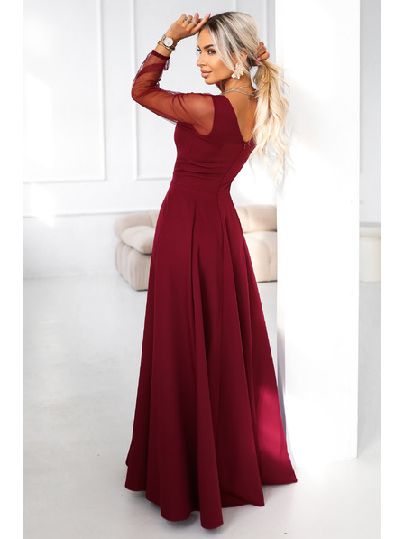 numoco LORETTA einzigartiges langes Kleid mit Tüllärmel und Ausschnitt - Weinrot