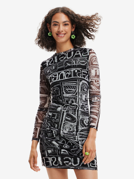 Desigual Schwarzes gemustertes ärmelloses Damen-Minikleid Desigual Lettering