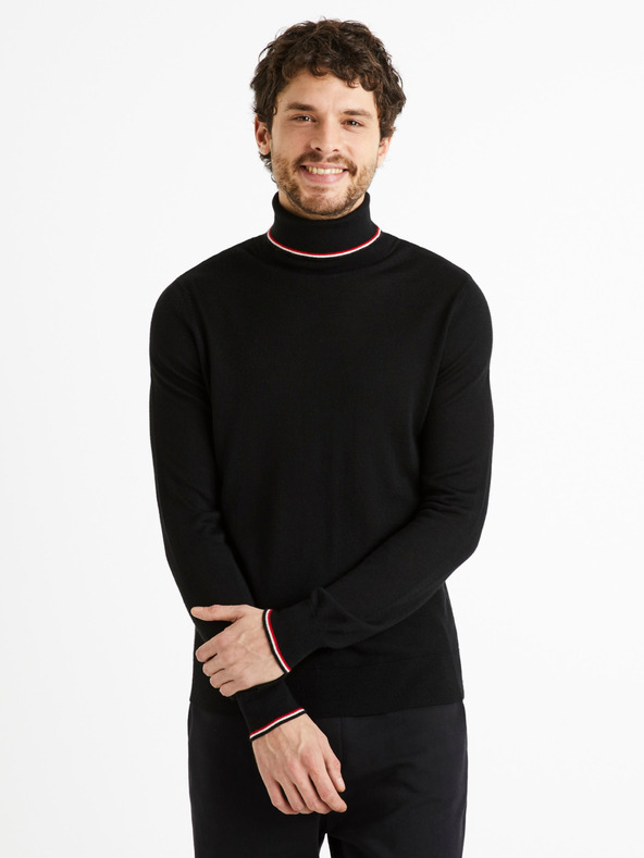 Celio Schwarzer Herren-Rollkragenpullover mit Wollmischung Celio Deblack