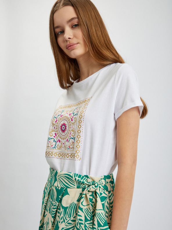 Orsay Cremefarbener und grüner gemusterter Damen-Wickel-Midirock mit Leinen