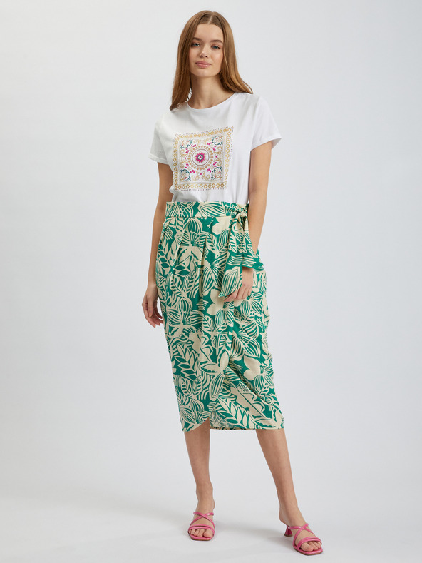 Orsay Cremefarbener und grüner gemusterter Damen-Wickel-Midirock mit Leinen