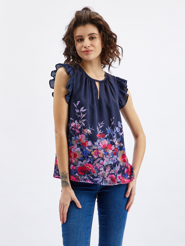 Orsay Dunkelblaue Damenbluse mit Blumenmuster und Kräuselung ORSAY