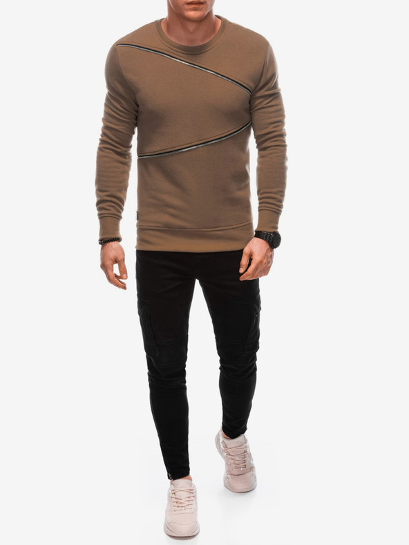 Ombre Clothing Braunes Herren-Sweatshirt mit dekorativen Reißverschlüssen Ombre Clothing