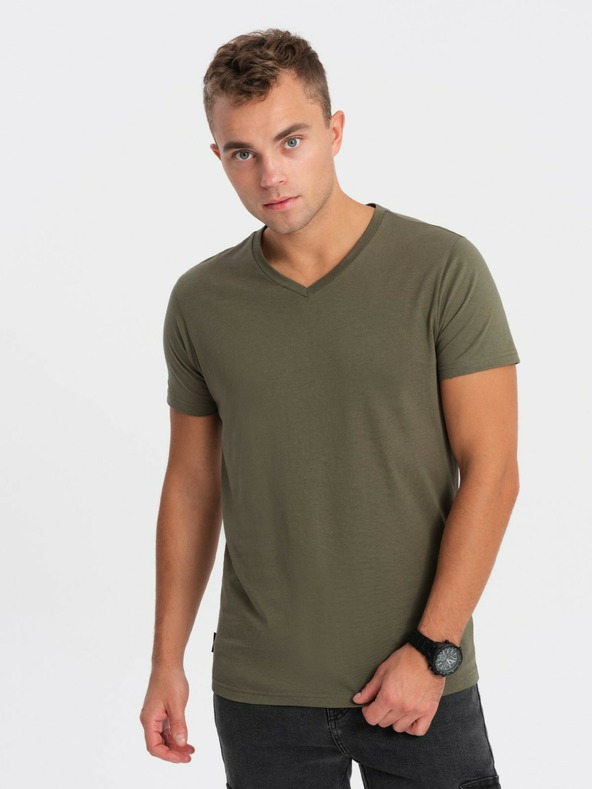 Ombre Clothing Khakifarbenes Herren-T-Shirt mit V-Ausschnitt Ombre Clothing