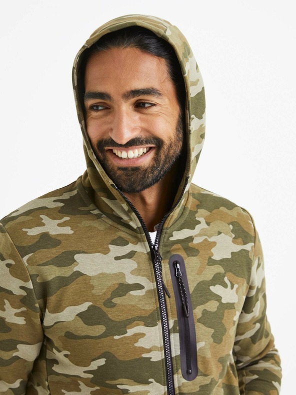 Celio Beige-grüner Herren-Tarnkapuzenpullover Celio Veyoke