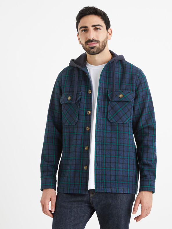 Celio Grün und blau kariertes Herren-Kapuzenhemd Celio Valines