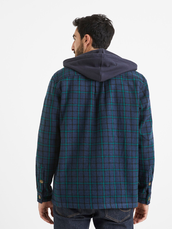 Celio Grün und blau kariertes Herren-Kapuzenhemd Celio Valines