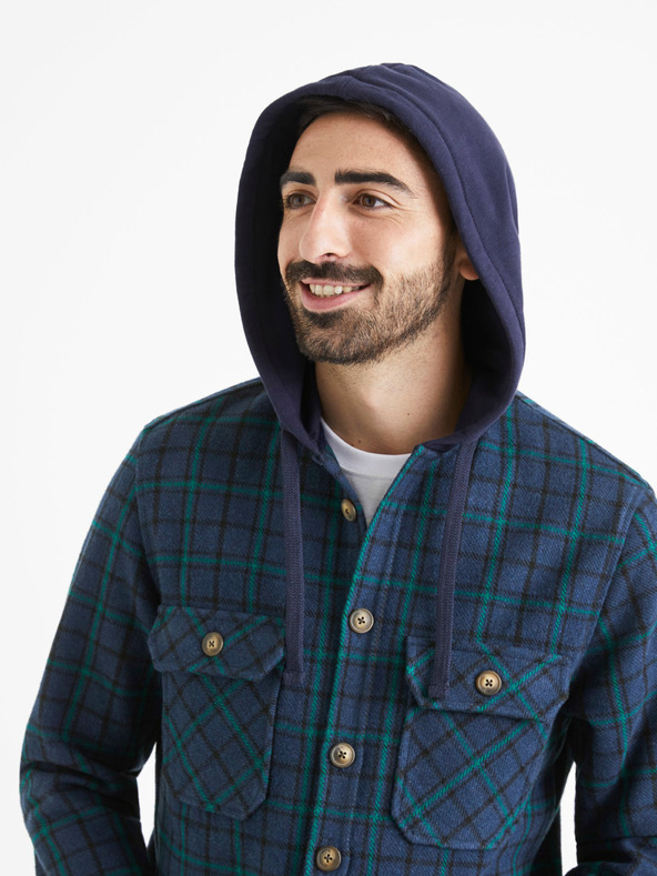 Celio Grün und blau kariertes Herren-Kapuzenhemd Celio Valines