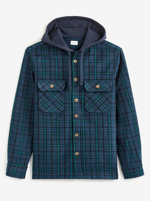 Celio Grün und blau kariertes Herren-Kapuzenhemd Celio Valines