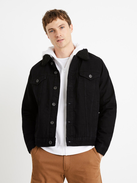 Celio Schwarze Herren-Jeansjacke mit Pelzmantel Celio Cudensherp