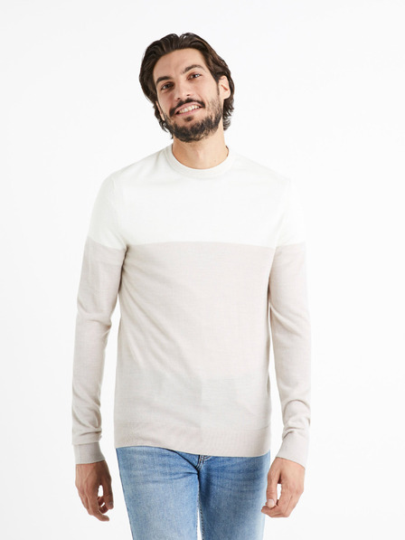 Celio Weiß-beiger Herrenpullover aus Merinowolle Celio Cemeribloc