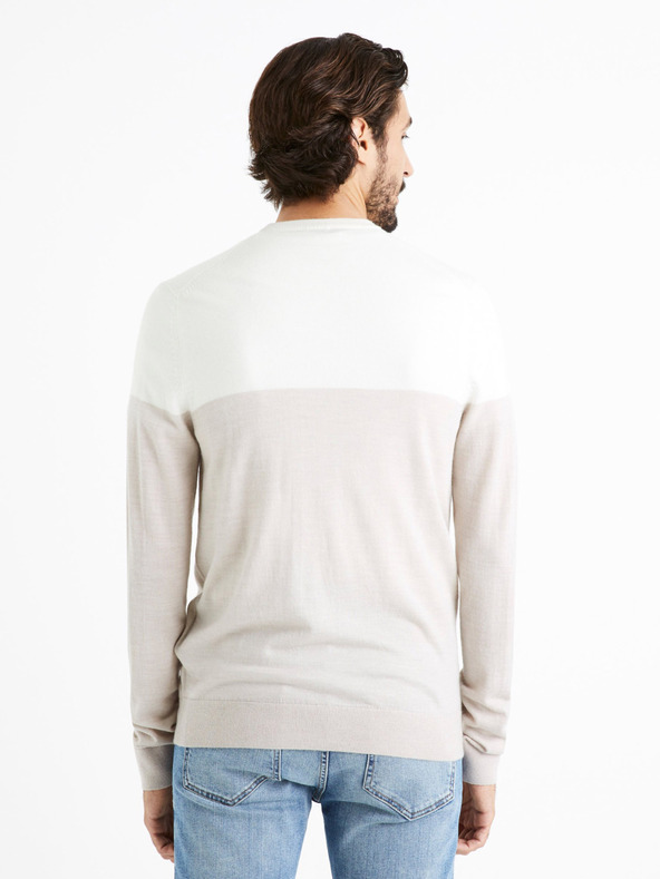Celio Weiß-beiger Herrenpullover aus Merinowolle Celio Cemeribloc