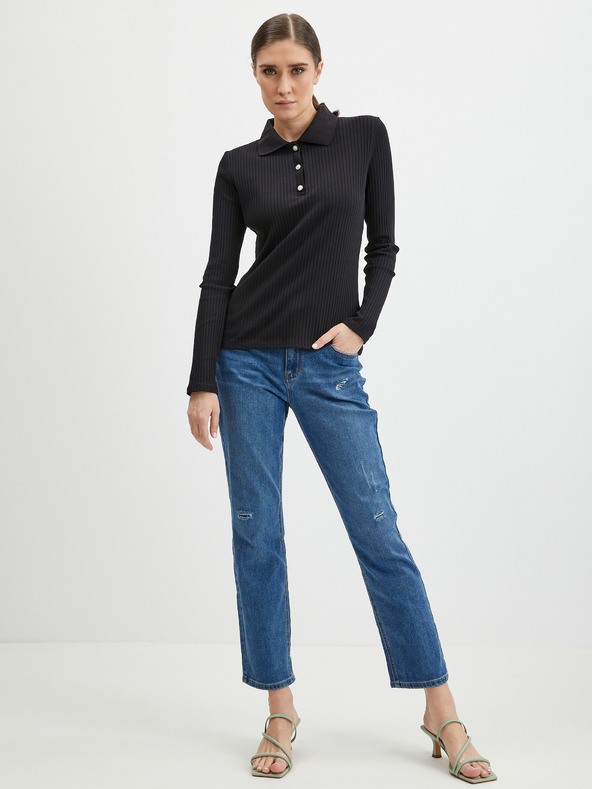 Orsay Schwarzes geripptes Damen Poloshirt ORSAY