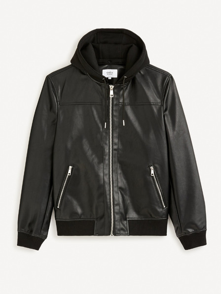 Celio Schwarze Herren Lederjacke mit Kapuze Celio Fumati