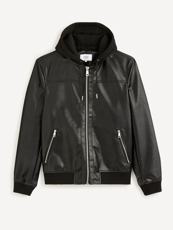 Celio Schwarze Herren Lederjacke mit Kapuze Celio Fumati
