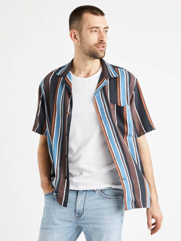 Celio Blau und braun gestreiftes Herrenhemd Celio Taboy