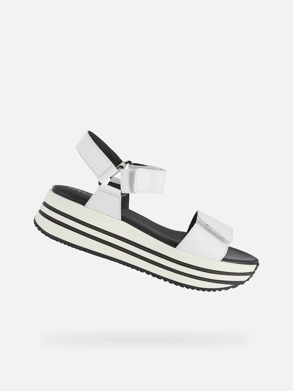 Geox Schwarz-weiße Damen-Ledersandalen auf Plateau Geox Kency